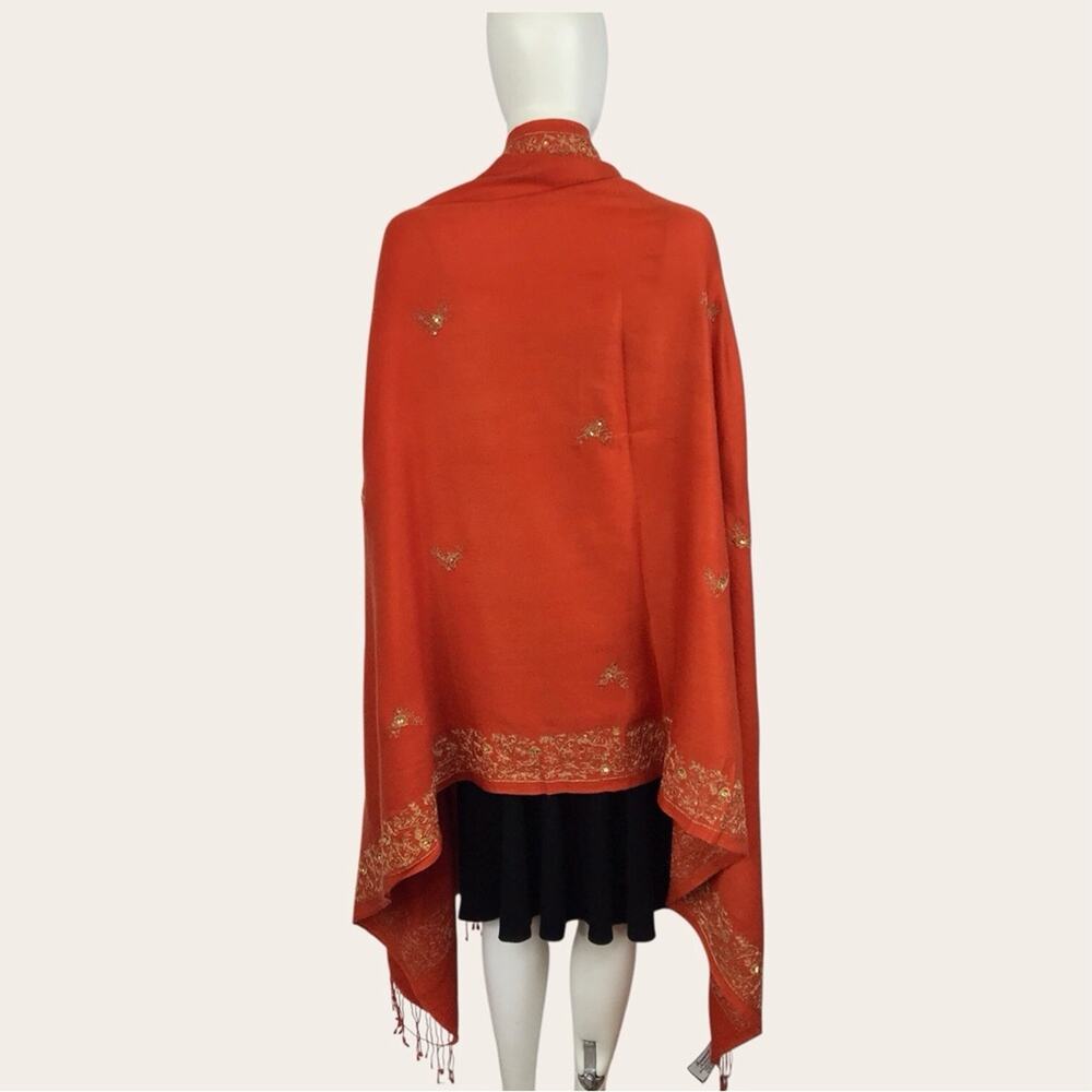 Pashmina Cashmere Blanket Scarf Wrap Orange Gold Embroidered Thread & Sequin - Picture 5 of 12